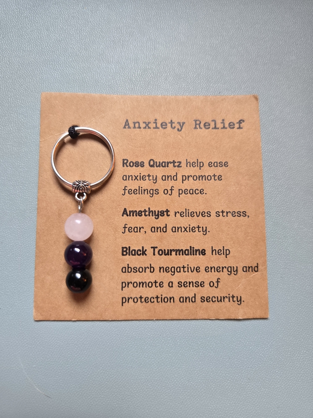 Anxiety Relief Gemstone Keyring with Rose Quartz, Amethyst & Black Tourmaline
